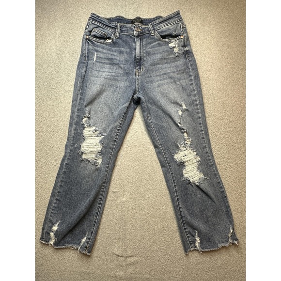 Judy Blue Jeans Womens 11/30 Blue Straight Fit Distressed Ripped Raw Hem Stretch - Picture 2 of 14